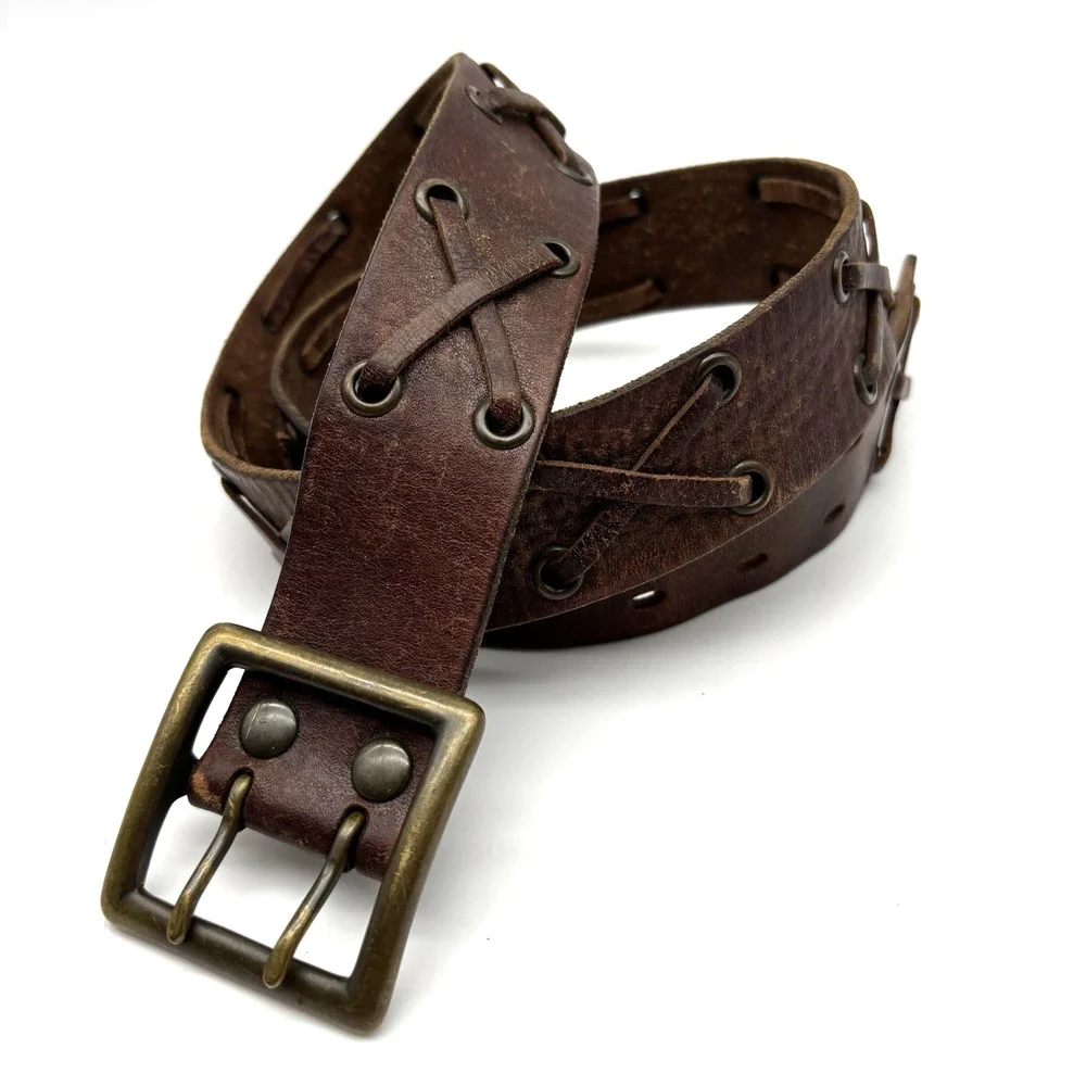 Vintage Y2K American Eagle Brown Leather X-laced Double Prong Belt M 32-36